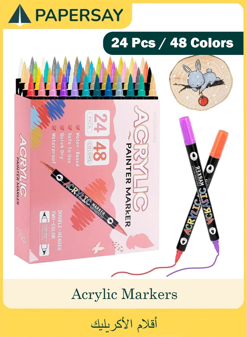 PAPERSAY 48 Colors Acrylic Paint Pens Markers Set, 24 pcs Acrylic Markers,Soft Brush Tip, 1-6mm Fine, Quick-Drying Acrylics Colors for Rock Painting, Canvas, Wood, Glass, DIY Crafts (Pink) - Image 1